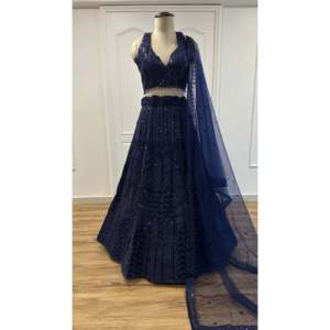 Ensemble de costume de soirée pour femme, bleu marine, en tissu net Lehenga Choli avec travail de sequins et de Dori, taille M, 100% polyester - Product Image 3