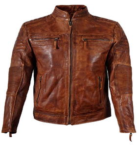 Veste d'hiver pour homme en cuir véritable et toile respirante, style streetwear, col tendance, punk, motard, manches longues délavées - Product Image 1