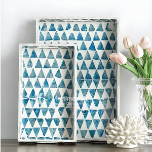Mosaic Inlaid Tray, Geometric Triangle Mother of Pearl Inlaid Wooden Tray, Ocean Blue Serving Tray with <b>Handles</b> - Product Image 3