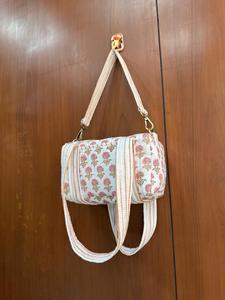Handmade Blockprinted Quilted Cotton Duffle <b>Bag</b> Gray Floral Print Detachable Long Belt Handprint Weekender Large Luxury Casual - Product Image 2