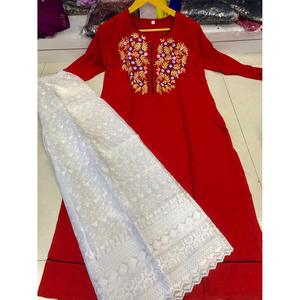 DESIGNER RAYON CHIKANKARI WORK KURTI WITH PALAZZO RED - Product Image 1