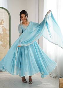 Premium Readymade Gown-dupatta Set Fendy Satin With <b>Sequins</b> & Zari Embroidered Work - Product Image 6