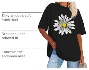 T-shirt décontracté en jersey de coton noir à col rond et manches courtes pour femme, imprimé floral, coupe ample, printemps-été - Product Image 3
