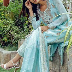 Salwar Kameez en tulle bleu clair pour femme, broderie, dupatta, coupe régulière, longueur cheville, protection solaire, fait main, traditionnel indien - Product Image 5