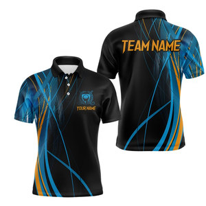 Polo de golf noir, bleu et orange à lignes abstraites, personnalisable avec nom et nom d'équipe, maillot de golf sportif tendance pour jeu de fléchettes - Product Image 1