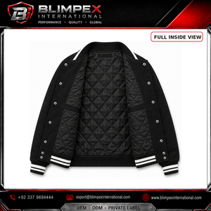 Veste bomber varsity noire pour homme avec logo personnalisé OEM, boutons pression brodés, style universitaire, avec bordure côtelée rayée - Product Image 2