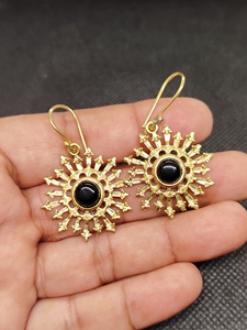 Handcrafted Gold Plated Brass Black Onyx Peacock Drop Earrings | Trendy Women's Wedding - Product Image 5