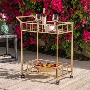 Elegant Multi Tier Iron Bar Cart with Gold Finish Glass Shelves Rolling <b>Serving</b> <b>Trolley</b> Home Kitchen Dining Room Storage Display - Product Image 3