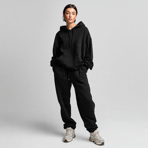 Women Black Hooded Tracksuit 100% Cotton Full Length Loose Fit Casual <b>Jogger</b> <b>Set</b> With Side Pockets Autumn Wear - Product Image 5