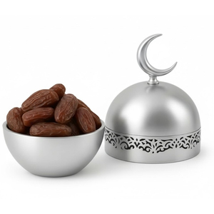 Silver Metal Date Bowl With Dome Lid Crescent Moon Islamic <b>Gift</b> Tray Premium Ramadan Serving Dish And <b>Eid</b> Mubarak Tabletop Decor - Product Image 1