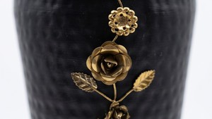 Luxury matte black floor <b>vase</b> Medium with hammered gold rim and intricate floral vine detailing. Premium home decor centerpiece - Product Image 3