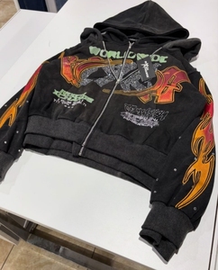 Men's <b>Black</b> Hooded Crop Zipper <b>Sweatshirt</b> With Flame Print And Rhinestone Logo Streetwear Style Oversized Fit Autumn Wear - Product Image 3