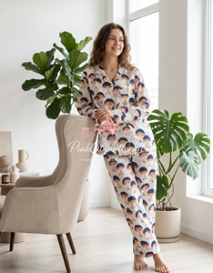 Handcrafted Mushroom Print Cotton Pajama Set Breathable Quick Dry Full-Sleeve Summer Nightwear for Women Soft Lightweight Lounge - Product Image 3