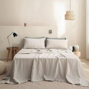 Parures de draps plats en lin naturel, literie en lin, 2 taies d'oreiller, ensembles de draps plats et ajustés - Product Image 1