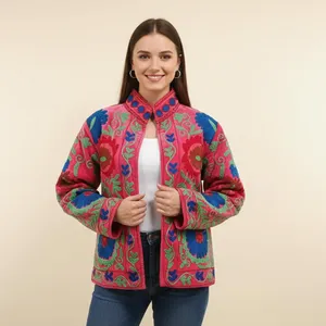 Veste en coton rose pour femmes, brodée au style Suzani, à motifs floraux, bohème, ethnique, faite à la main, vintage, décontractée, vêtement d'extérieur - Product Image 2