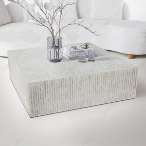 <b>White</b> Bone Inlay Square <b>Coffee</b> <b>Table</b> Linear Stripe Pattern Handmade Modern Minimalist Center <b>Table</b> for Luxury Living Room Decor - Product Image 4