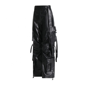 <b>Men's</b> High Waist PU Leather Cargo Pants With Multiple Pockets Workwear Style Elastic Waist <b>Black</b> Color - Product Image 2