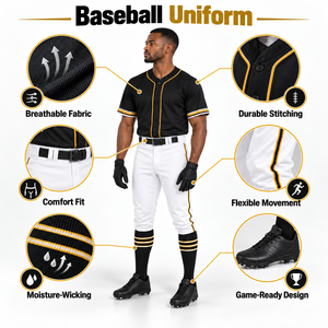 Conjunto de Uniforme de Béisbol para Hombre, Negro, Dorado y Blanco, Poliéster Transpirable, Jersey de Manga Corta, Pantalones, Guantes, Talla Adulto - Product Image 6