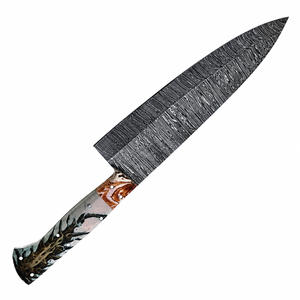 Cuchillo de Chef de Damasco Texturizado con Mango Marmoleado Negro, Gris y Marrón y Hoja con Patrón Plateado para Cortar en la Cocina y Preparar Alimentos - Product Image 3