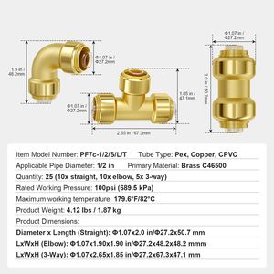 25 raccordi a pressione in ottone da 1/2 pollice, include 10 raccordi dritti, 10 raccordi a gomito, 5 raccordi a T per tubi dell'aria e idraulici - Product Image 2
