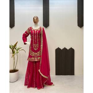 Ensemble de costume de fête jaune pour femmes LG Designer avec haut Sharara Dupatta taille L - Product Image 1