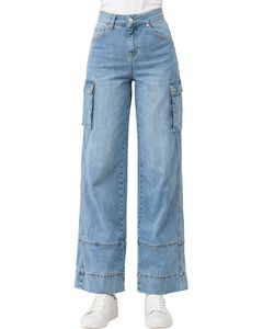 Jean cargo en denim bleu ciel taille haute à jambe large avec poches à rabat, style urbain, coupe décontractée pour femme, personnalisable OEM - Product Image 1