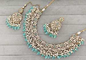 Indian Traditional Antique Gold Plated Kundan Choker Necklace <b>Set</b> Sea Green Mint Gemstone Bead Bridal Jewelry <b>Set</b> with Earrings - Product Image 2