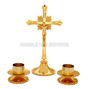 ชุดแท่นบูชาทองเหลือง 3 ชิ้น พร้อมฐาน |   ชุดไม้กางเขนและเชิงเทียนสำหรับโบสถ์ - DOUBLE VEE EXPORTS - Product Image 2