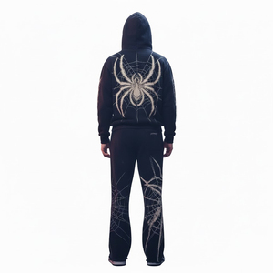 Gothic Spider Print <b>Tracksuit</b> Set Black Vintage Washed Hoodie Wide Leg Pants Streetwear Outfit - Product Image 4