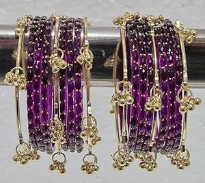 Gold Plated Glass Kashmiri <b>Bangles</b> with Emerald Cut Pearl Detailing Trendy Bridal & Wedding Occasion Wear - Product Image 6