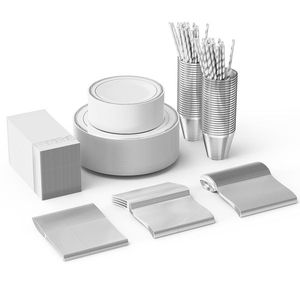 50 Sets <b>Disposable</b> Silver <b>Tableware</b> Including Flat Plastic Circular Size Plates Cups Knives Forks Tissues Straws-for Parties - Product Image 1