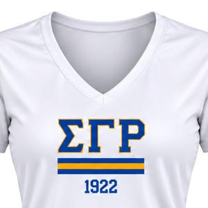Camiseta de entrenamiento personalizada con cuello en V para mujer Sigma Gamma Rho, top deportivo de manga corta con letras griegas para hermandades, venta al por mayor - Product Image 3