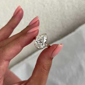 5 Carat Pear Cut Lab Grown Diamond Prong Bezel Set <b>UNIQUE</b> <b>Engagement</b> <b>Ring</b> , Yellow Gold , IGI Certified - Product Image 1