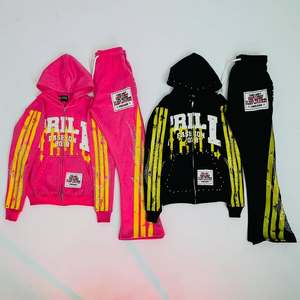 Custom Rhinestone Stripe Tracksuit Set Oversized Zip Hoodie & Flared Sweatpants Premium Fleece Streetwear Set Graphic Sweatsuits - Product Image 1