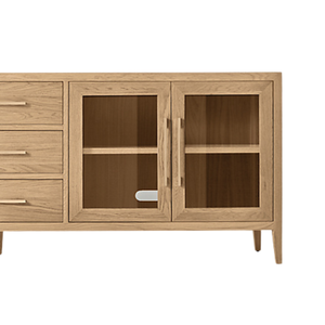 Scandinavian Modern <b>Sideboard</b> Cabinet Solid Teak Glass Door Display <b>Storage</b> 3-Drawers Slim Leg and Natural Grain Detail - Product Image 3