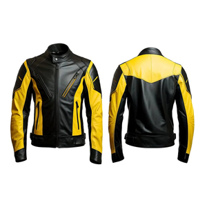 Blouson de moto en cuir noir et jaune pour homme, manches longues, color-block, toutes saisons - Product Image 5