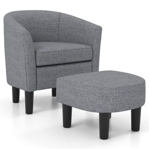 Fauteuil club en forme de baril avec repose-pieds, ensemble en tissu lin, fauteuil d'appoint avec repose-pieds - Product Image 1