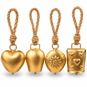 Campana Colgante de Hierro Dorado Perforada con Recortes Florales, Superficie Martillada y Suspensión de Cuerda de Yute Trenzada - Product Image 6