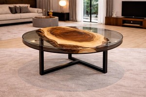 Mesa de centro redonda de resina epoxi con rodajas de madera natural y tapa de vidrio, mueble contemporáneo para decoración de sala de estar, uso en interiores. - Product Image 6