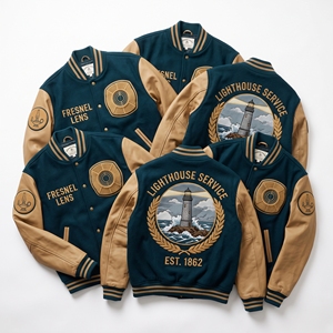 Veste universitaire personnalisée OEM en laine avec manches en cuir, broderie Clipper Fleet Ship et patch figuratif, manteau noir - Product Image 5