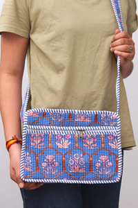 Hand Block Print <b>Quilted</b> Cotton Crossbody Bag Indian Floral Sling Purse with Striped Trim - Product Image 4