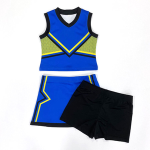 Tenue de cheerleading bleue, rouge et blanche avec imprimé étoiles, haut à col en V et jupe plissée pour les spectacles des équipes de cheerleading, uniformes pour femmes - Product Image 4