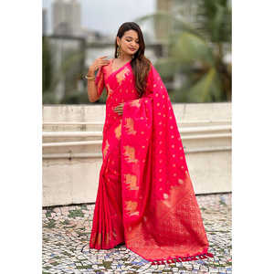 Sari en soie douce rose à double broderie zari avec bordure Nandi, robes de soirée élégantes - Product Image 1