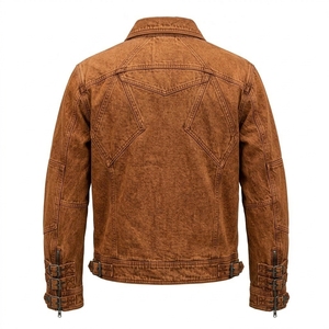 Chaqueta de lona lavada marrón para hombre, estilo motero, con cremallera desviada, puños de doble hebilla, efecto vintage desgastado, abrigo de motociclista. - Product Image 2