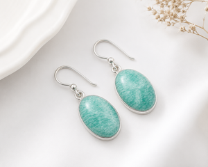 Natural Amazonite Gemstone Drop Earrings 925 <b>Sterling</b> <b>Silver</b> Oval Cabochon Ear <b>Wire</b> Handmade Third Party Certified Jewelry Women - Product Image 4