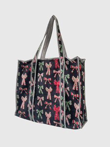 Sac fourre-tout en toile style preppy avec motif bonbons et nœud, sac de shopping pour femme toutes saisons, fermeture ouverte - Product Image 4