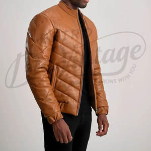 Veste matelassée en cuir marron pour homme, design chevron, coupe ajustée, col montant, en similicuir, chaude et rembourrée pour l'hiver - Product Image 5