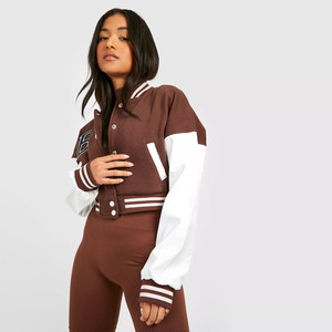 Wholesale Custom Logo Printed Cotton Women's Slim Fit Crop Varsity Jackets Reversible Autumn/Winter Casual Fleece Lining - Product Image 4