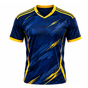 Camiseta de Fútbol para Hombre con Estampado Geométrico Azul y Amarillo, Manga Corta, Cuello Redondo, Poliéster que Absorbe la Humedad, Ajuste Atlético, para Todas las Temporadas - Product Image 4
