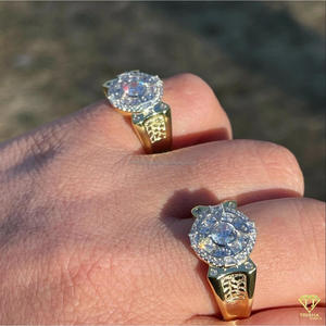 Moissanite Diamond Round Halo Statement <b>Ring</b> for Men Two Tone Yellow White <b>Gold</b> Luxury Iced Out <b>Cocktail</b> <b>Ring</b> - Product Image 2